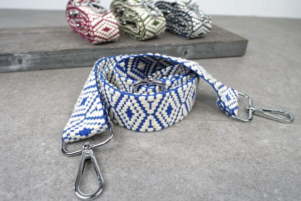 Taschenriemen mit Boho-Rautenmuster | Wechselgurt Royalblau Warmweiß | Wechselriemen