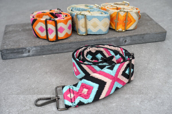 Breiter Taschengurt im bunten Rauten-Design | Boho in Pink, Türkis & Schwarz | verstellbar