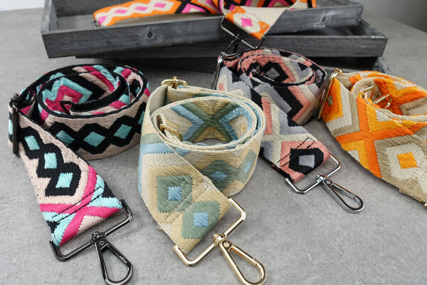 Breiter Taschengurt im bunten Rauten-Design | Boho in Pink, Orange & Schwarz | verstellbar
