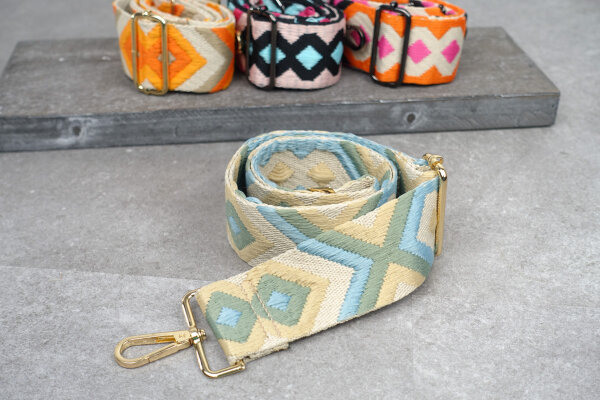Breiter Boho-Taschengurt im dezenten Rauten-Design | Hellblau, Schilf & Creme | verstellbar