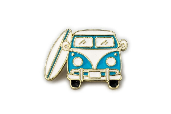Emaille Pin Surfer Bulli | Camping Anstecker | Van mit Surfbrett