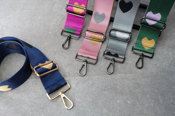 Breiter Taschengurt Herzen Dunkelblau | fertiger Taschenriemen mit Karabiner