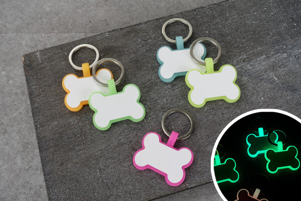 Silikon-Hundemarke KNOCHEN mit Name & Telefonnummer | Glow in the Dark | wasserfest | ohne klappern
