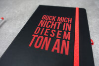 Notizbuch A5 mit Spruch fürs Büro | Schwarz mit farbiger Gravur | Soft-Touch | Individualisierbar