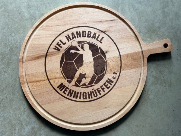 40cm Buche Pizzabrett mit VfL Handball Mennighüffen Gravur Durchmesser | Breite mit Griff 49cm
