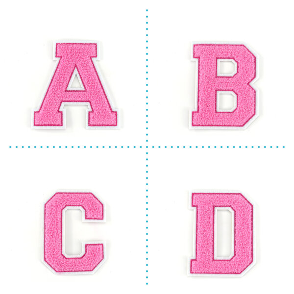 Frottee Buchstaben Aufnäher A-Z | Rosa, Pink, Weiß | 9,5 cm hoch | Varsity Letter