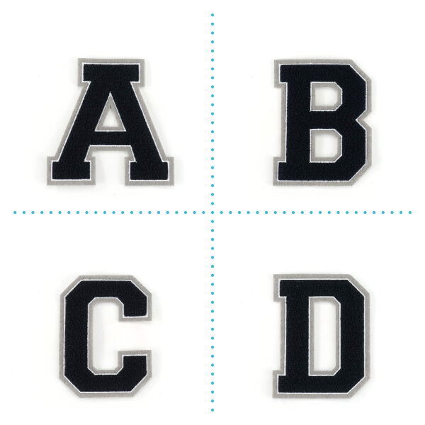 Frottee Aufnäher Buchstabe A-Z | Schwarz, Weiß, Grau | 9,5 cm hoch | Varsity Letter