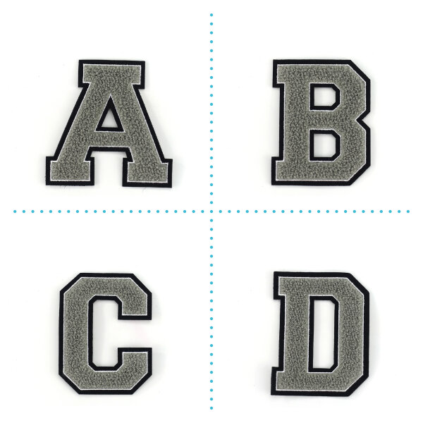 Frottee Buchstabe Aufnäher A-Z | Grau, Weiß, Schwarz | 9,5 cm hoch | Varsity Letter