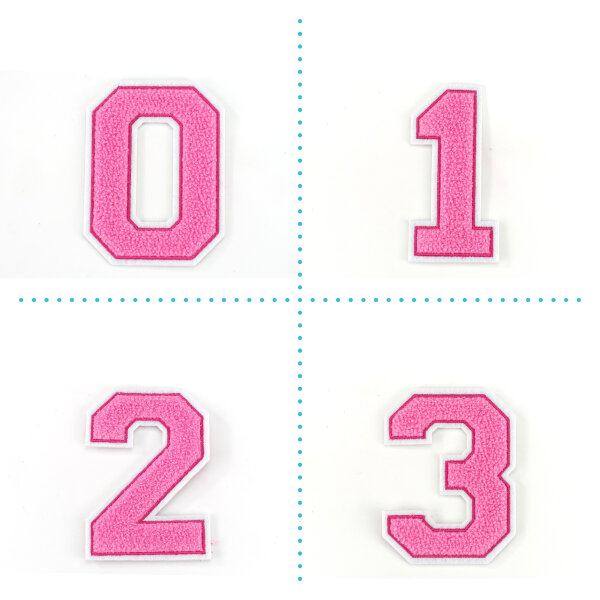 Frottee Aufnäher Zahl 0-9 | Rosa, Pink, Weiß | 9,5 cm hoch | Varsity Number