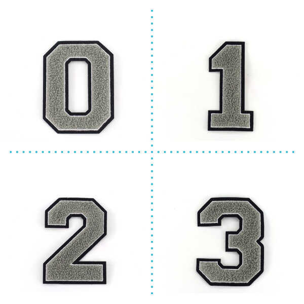 Frottee Aufnäher Zahl 0-9 | Grau, Weiß, Schwarz | 9,5 cm hoch | Varsity Number