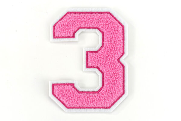 Frottee Aufnäher Zahl 0-9 | Rosa, Pink, Weiß | 9,5 cm hoch | Varsity Number 3