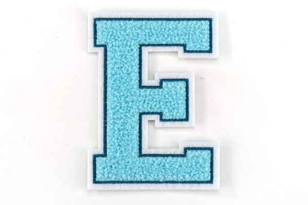 Frottee Aufnäher Buchstabe A-Z | Türkis, Petrol, Weiß | 9,5 cm hoch | Varsity Letter Patch E