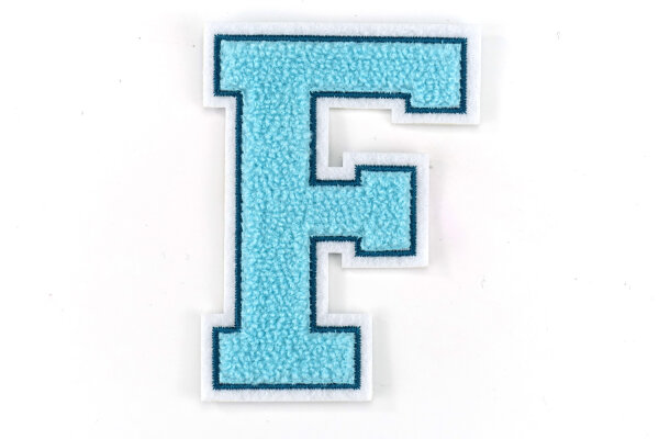 Frottee Aufnäher Buchstabe A-Z | Türkis, Petrol, Weiß | 9,5 cm hoch | Varsity Letter Patch F