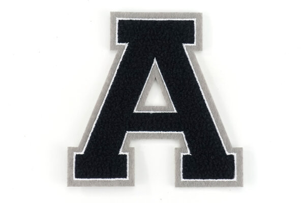 Frottee Aufnäher Buchstabe A-Z | Schwarz, Weiß, Grau | 9,5 cm hoch | Varsity Letter A