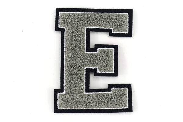 Frottee Buchstabe Aufnäher A-Z | Grau, Weiß, Schwarz | 9,5 cm hoch | Varsity Letter E