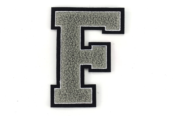 Frottee Buchstabe Aufnäher A-Z | Grau, Weiß, Schwarz | 9,5 cm hoch | Varsity Letter F