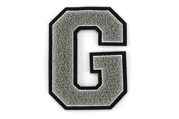 Frottee Buchstabe Aufnäher A-Z | Grau, Weiß, Schwarz | 9,5 cm hoch | Varsity Letter G