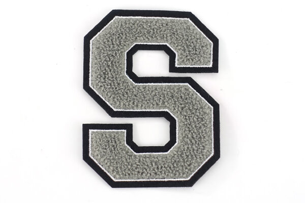 Frottee Buchstabe Aufnäher A-Z | Grau, Weiß, Schwarz | 9,5 cm hoch | Varsity Letter S