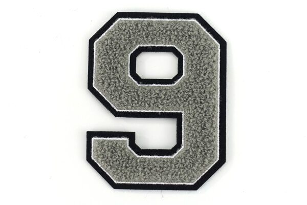 Frottee Aufnäher Zahl 0-9 | Grau, Weiß, Schwarz | 9,5 cm hoch | Varsity Number 9