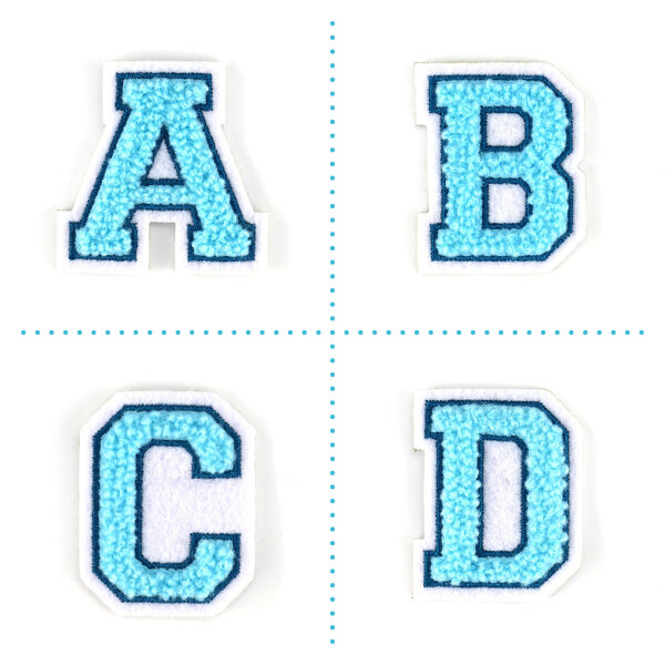 Kleiner Buchstaben Aufnäher 4,2 cm hoch | Frottee Chenille Türkis, Petrol, Weiß |