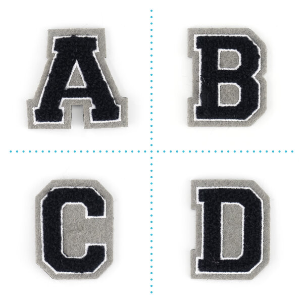 Aufnäher Buchstabe Frottee klein 4,2 cm hoch | Schwarz, Weiß, Grau |