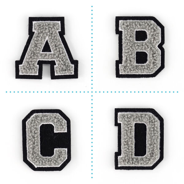 Kleiner Aufnäher Buchstabe 4,2 cm hoch | Grau, Weiß, Schwarz | Frottee |