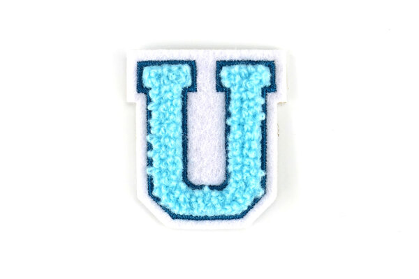 Kleiner Buchstaben Aufnäher 4,2 cm hoch | Frottee Chenille Türkis, Petrol, Weiß | U